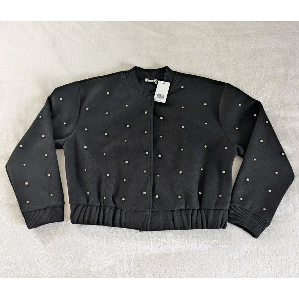 Jason Wu Bomber Jacket Black Rhinestone Embellished Cropped L Designer Luxury